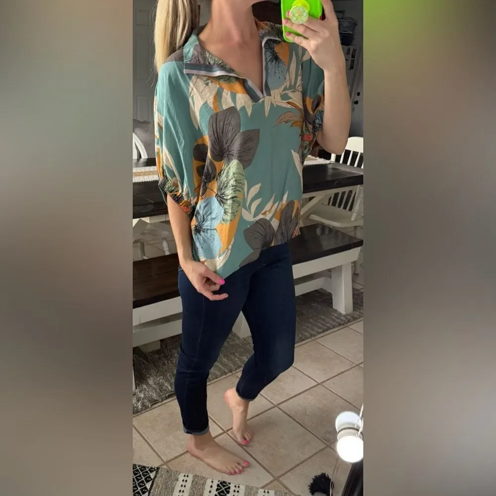 Entro Boutique Teal Blue Tropical Print Collared Lightweight Woven Summer Top - Picture 5 of 11